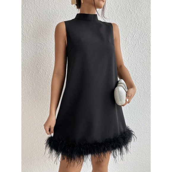 Chic Stand Neck Fuzzy Trim Dress Black - Picture 1 of 6